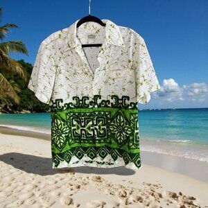 Malihini Hawaiian Shirt Vintage 70s Green Tribal AOP Loop Collar Tiki Tapa Print